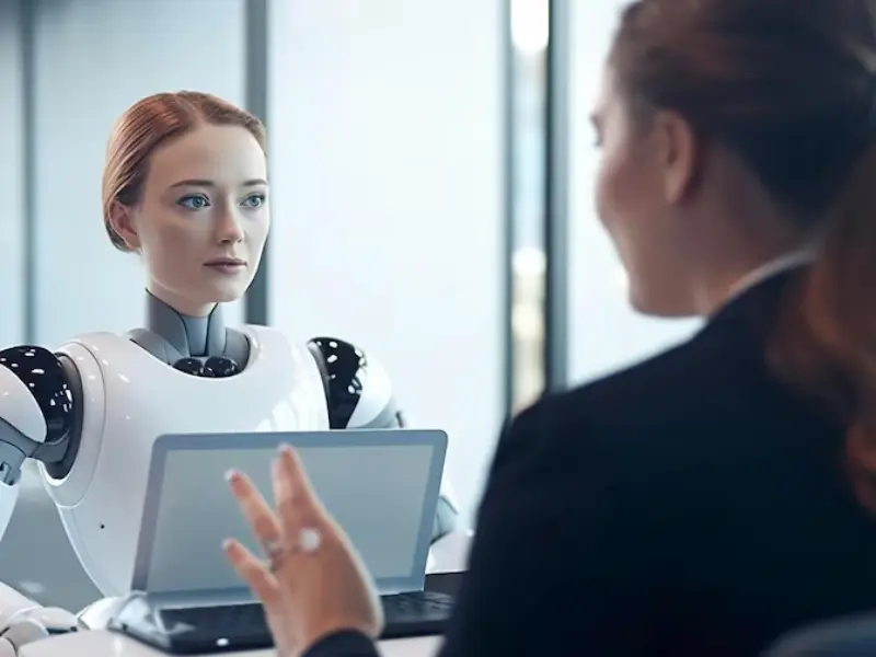 Uma mulher fazendo uma entrevista com um entrevistador de IA