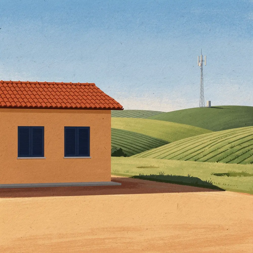 An ochre school building with blue shutters beside an empty courtyard; a mobile mast stands beyond green fields in this painted scene.
