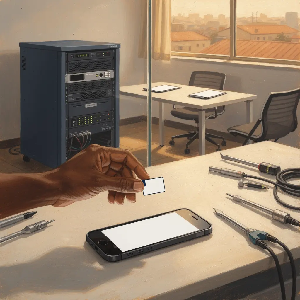 A hand holds a small blank card above a handset at a workbench; network equipment and a meeting table stand behind it.