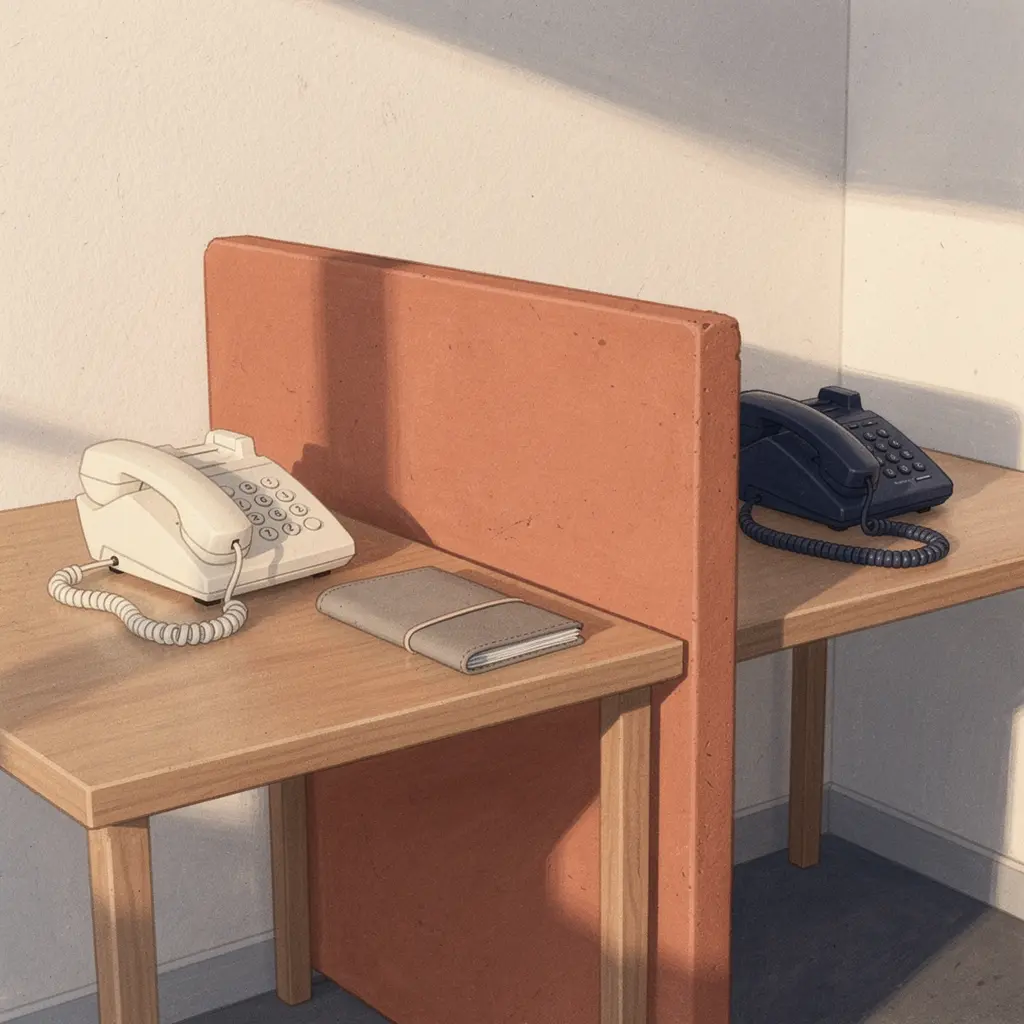 AI illustration of cream and navy desk phones on separate desks, divided by a terracotta screen, with a closed folder nearby.
