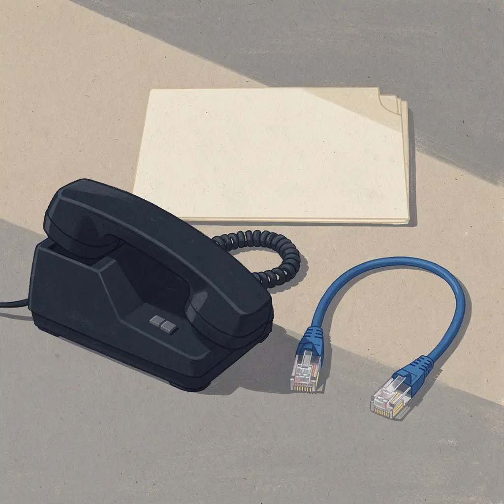 AI illustration of a dark telephone beside an unplugged blue network cable and blank paperwork.