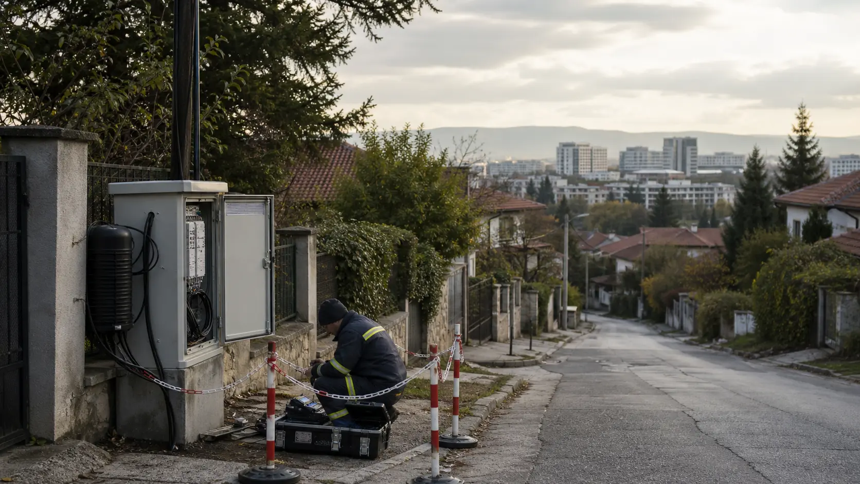 A technician works on an unbranded Bankya fibre handoff before the local cable continues toward Sofia's distant interconnection facilities.