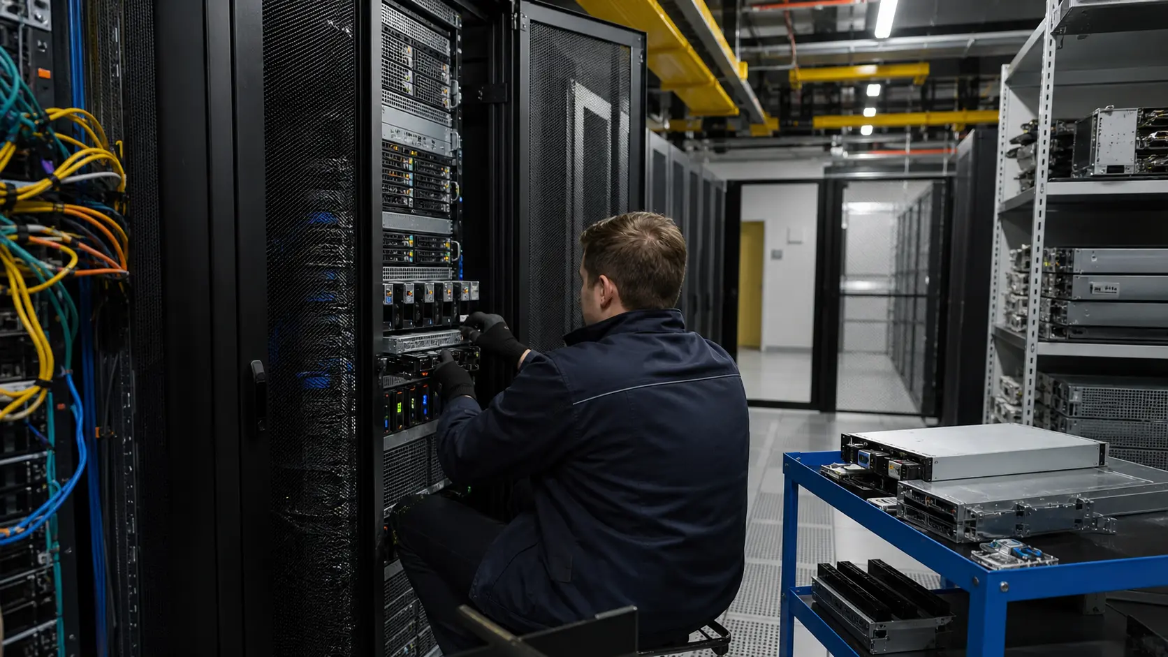 "A technician checks an unbranded Moscow cloud-hosting rack with separate fibre and power paths in a controlled data-centre aisle."