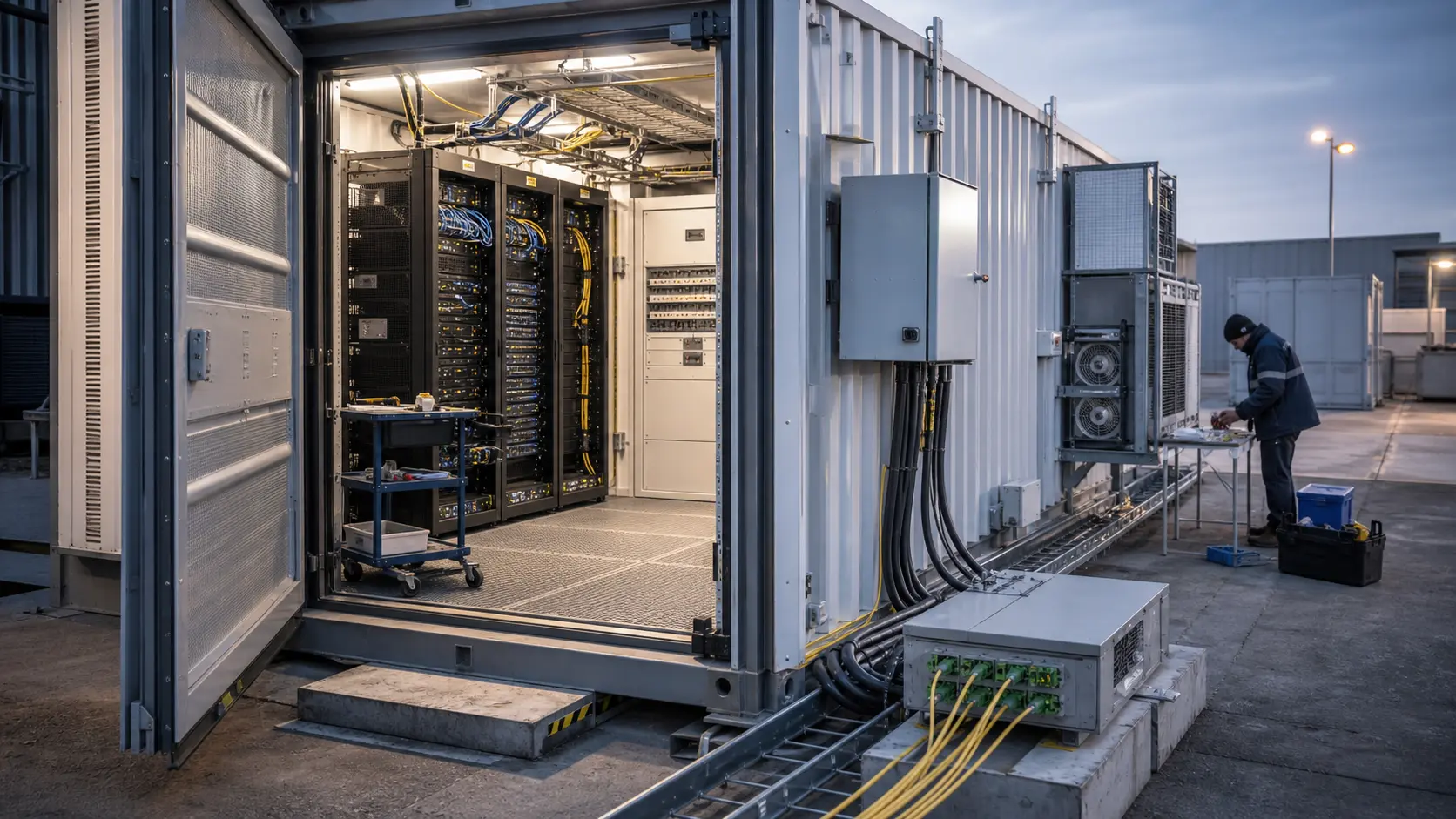 Technician checks cabling inside a compact containerized data-centre module, emphasizing the racks, power, cooling and transit dependencies behind ROVNER & MOORE S.R.L infrastructure work.