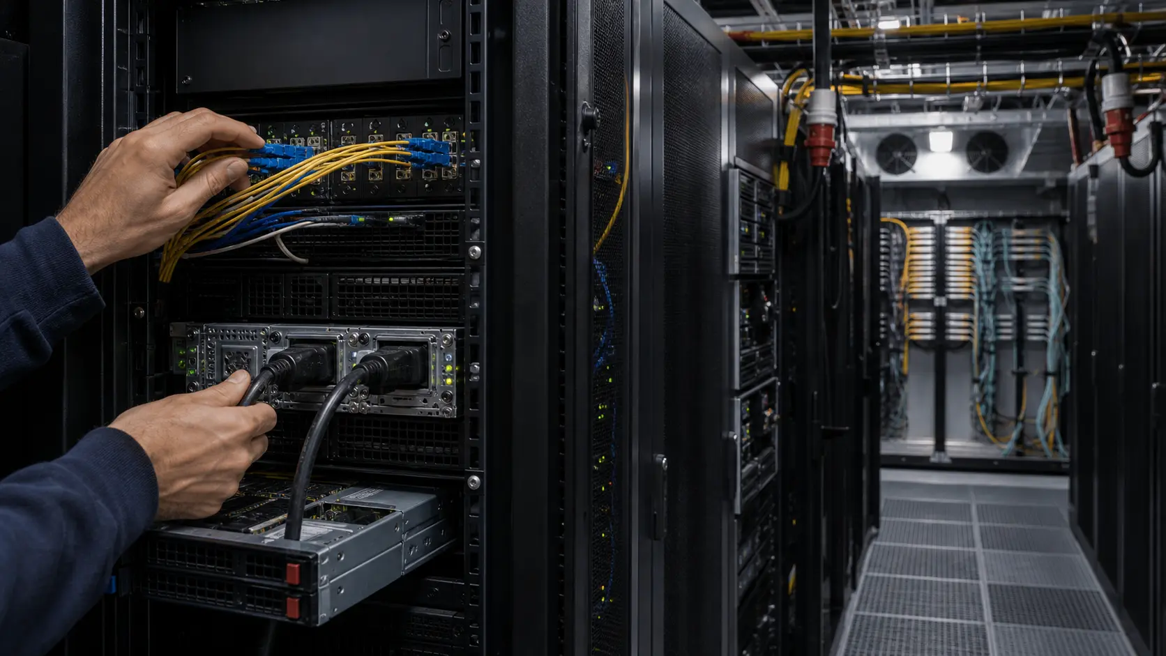 Technician hands work on fibre and server hardware inside a compact data-centre rack, showing the physical power, cabling and repair dependencies behind CLOUDDNS Anexia Cloud Solutions GmbH's anycast cloud services.