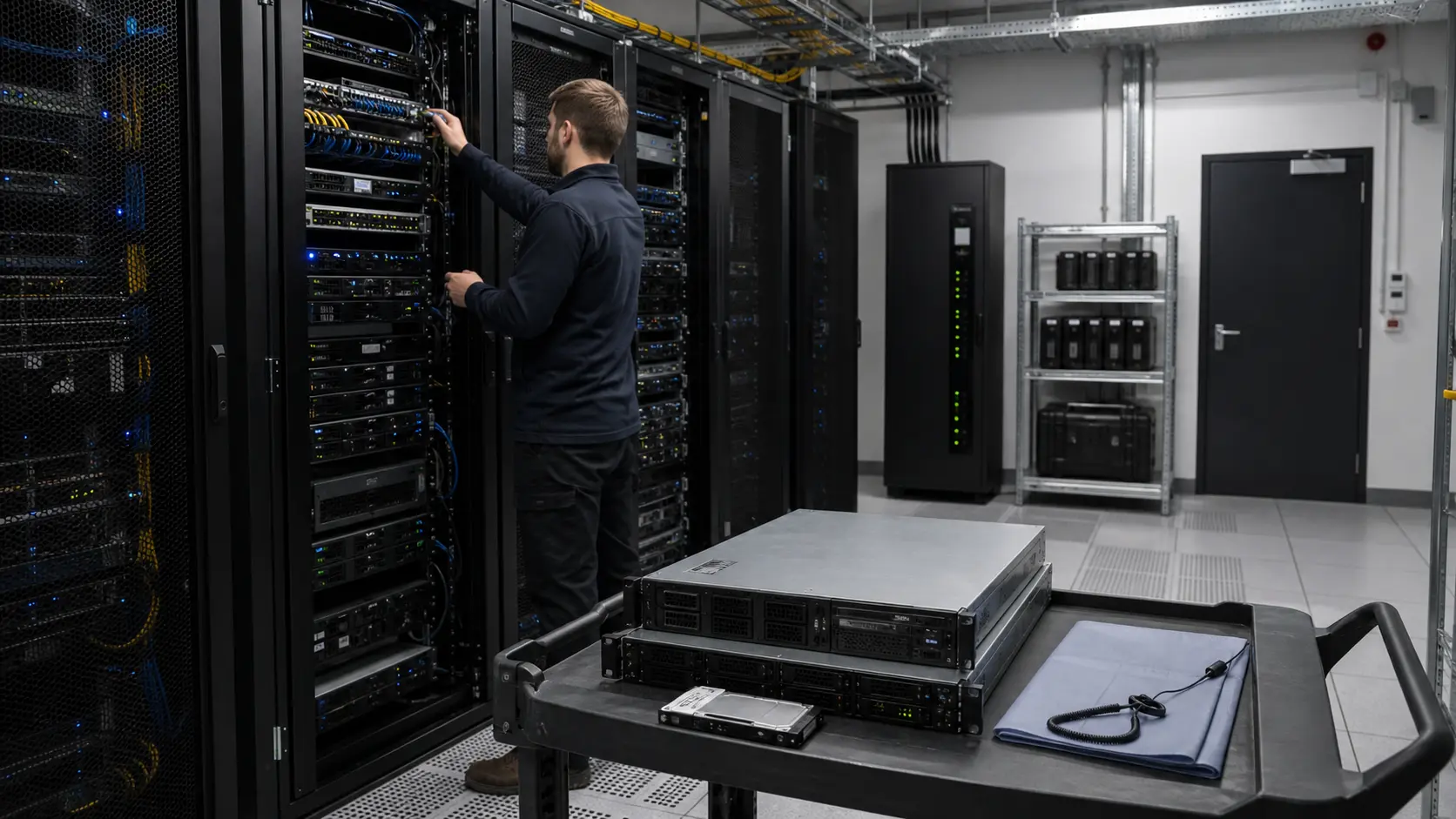 Engineer checks unbranded servers and cabling beside locked racks in a compact managed-hosting room.