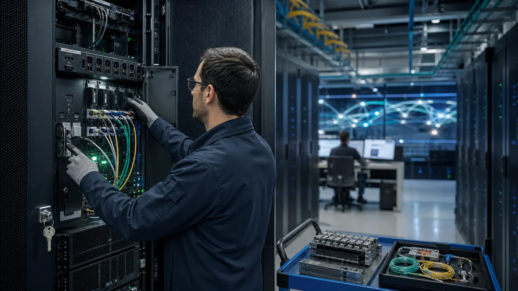 Editorial illustration of a French sovereign-cloud operations room with server racks, fiber paths, power feeds and technicians, representing TEMPLE Cloud Temple SAS infrastructure dependencies.