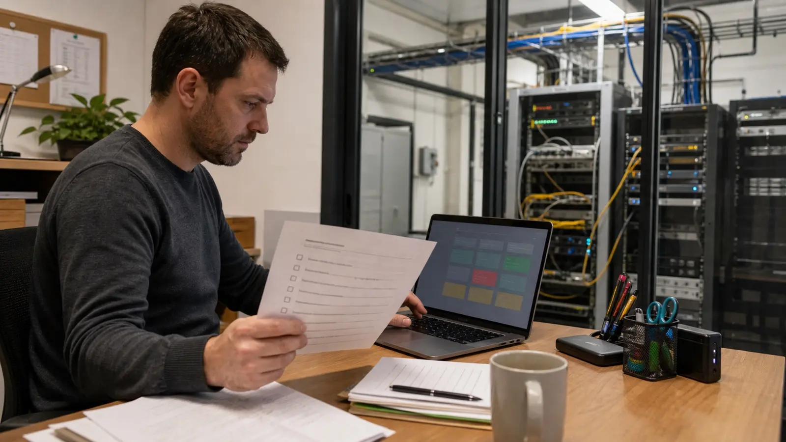 A generated photorealistic editorial scene of an unidentified web operator reviewing a recovery checklist near ordinary unbranded network racks; it does not depict DreamHost people or facilities.
