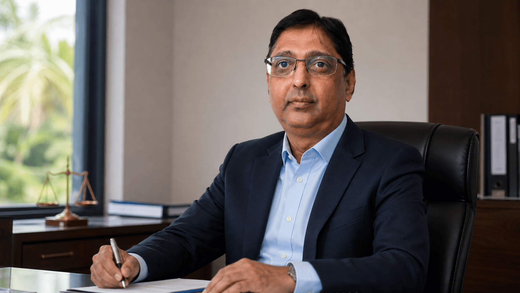 AI editorial portrait of Gowtamsingh Dabee in a Mauritius accounting and receivership setting