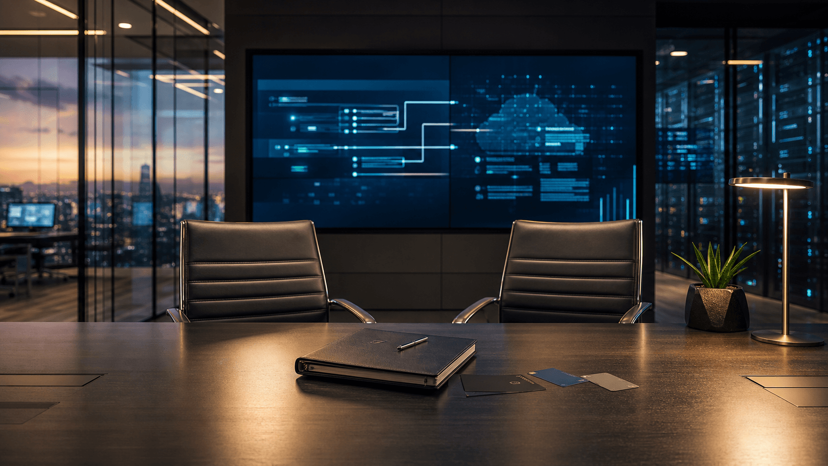Fintech operations boardroom with empty executive chairs and abstract issuer-processing dashboards representing Pismo's post-Visa CEO appointment.