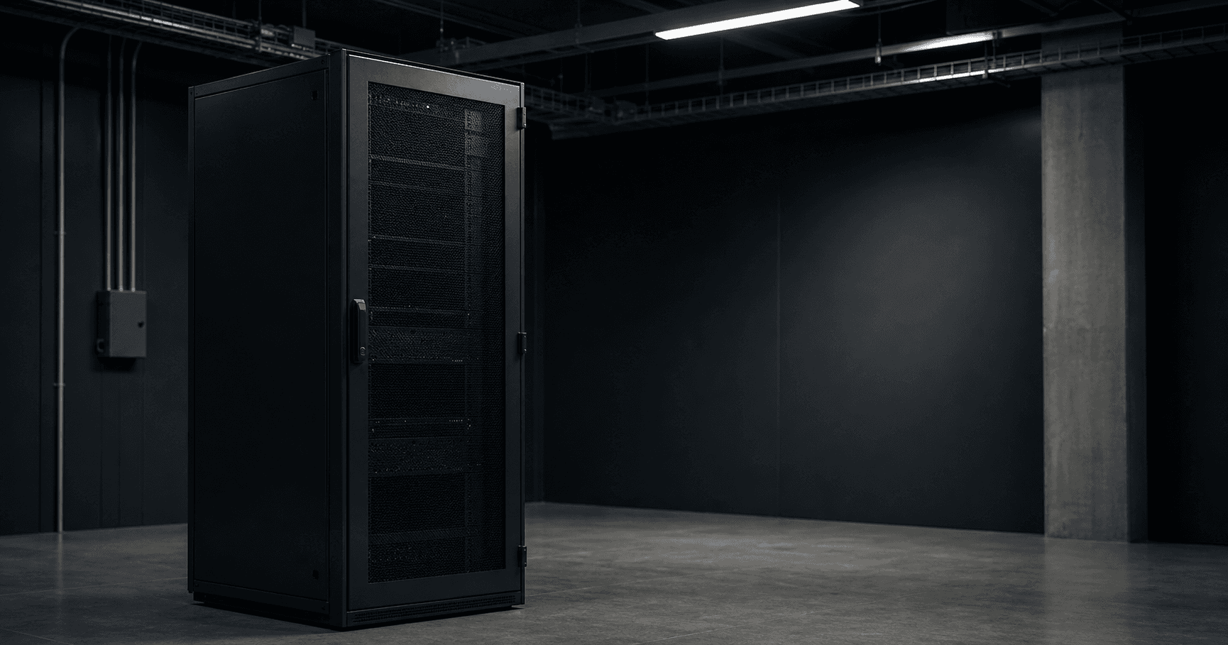 A dim server room with a single idle rack; a printed RDAP record is taped to the rack door.
