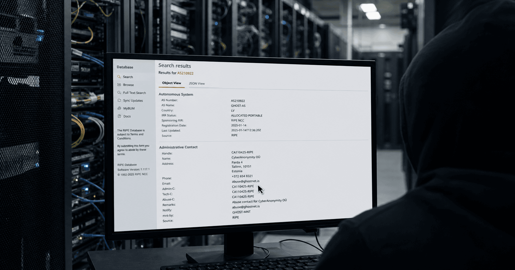 AI-generated editorial image for Dennis Longen showing the public operating context described by verified sources: He serves as the admin-c and tech-c contact for AS210922, as recorded in RIPE objects.