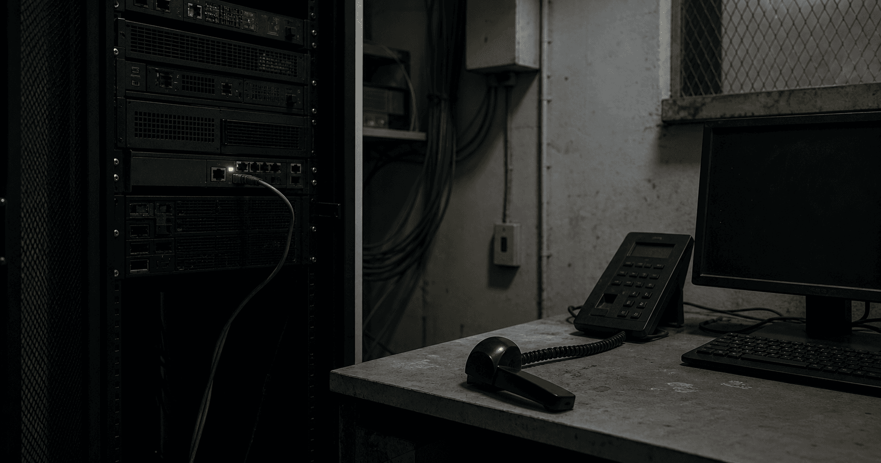 A dimly lit server room corner with an old server rack, one amber blinking port, and a disconnected phone handset on a dusty desk.