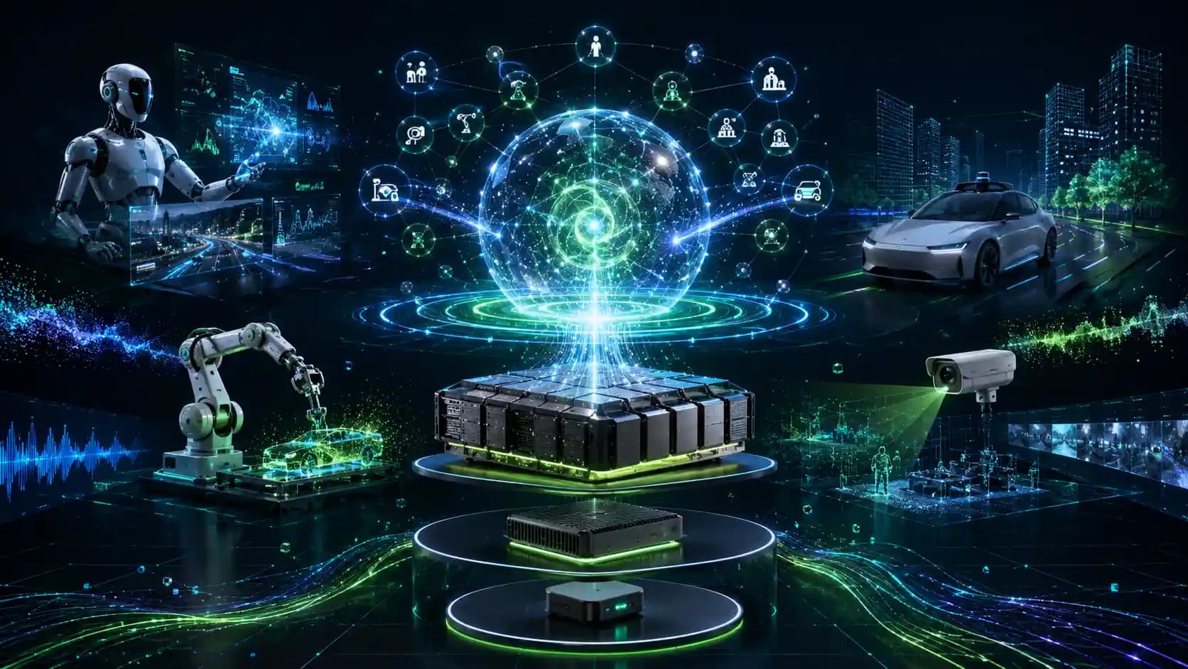 NVIDIA controls core AI compute infrastructure and is expanding its role in physical AI software, model and deployment layers.