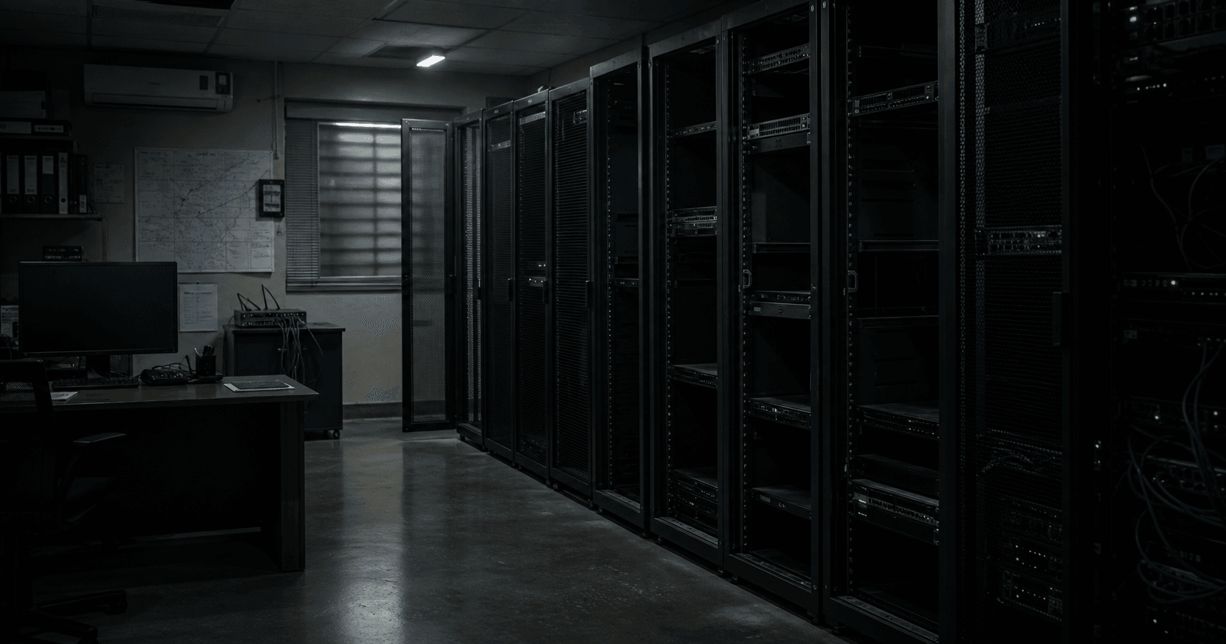An abstract server rack with the label AS210576 YAGUMYAGUM, dimly lit and unplugged, symbolizing a dormant network identity.