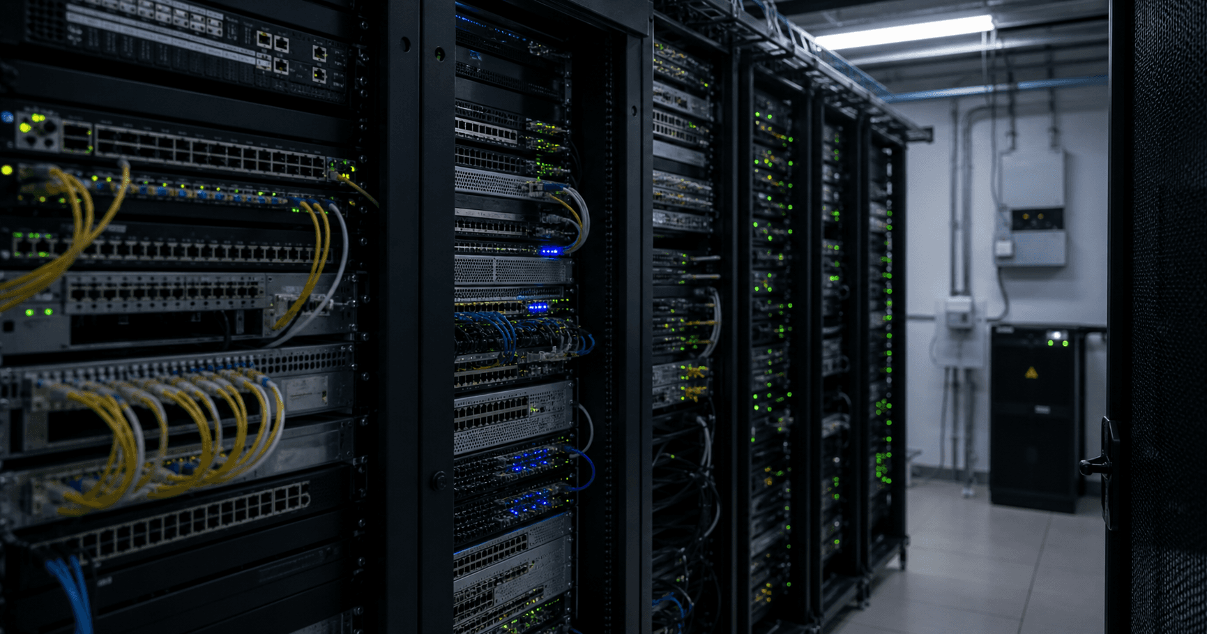 Network operations room with server racks and cables, representing dormant internet infrastructure.