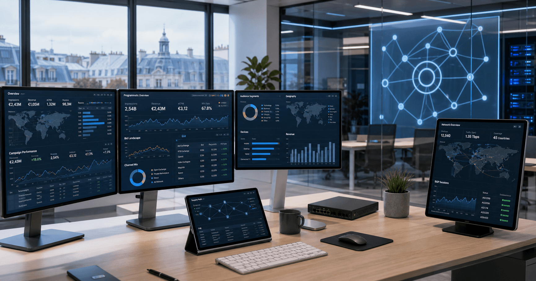 An abstract visual representing digital advertising technology and internet infrastructure monitoring, with a subtle nod to network connectivity.