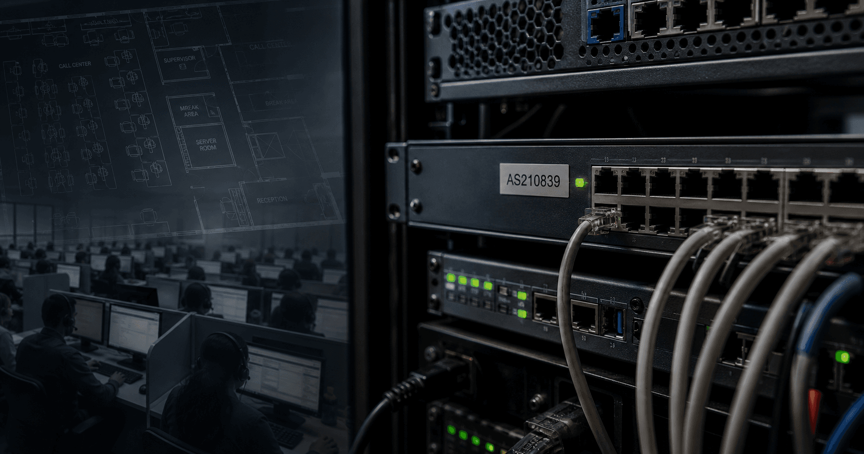 A server room with a glowing switch port labeled AS210839, overlaid with a faint call center floor plan.