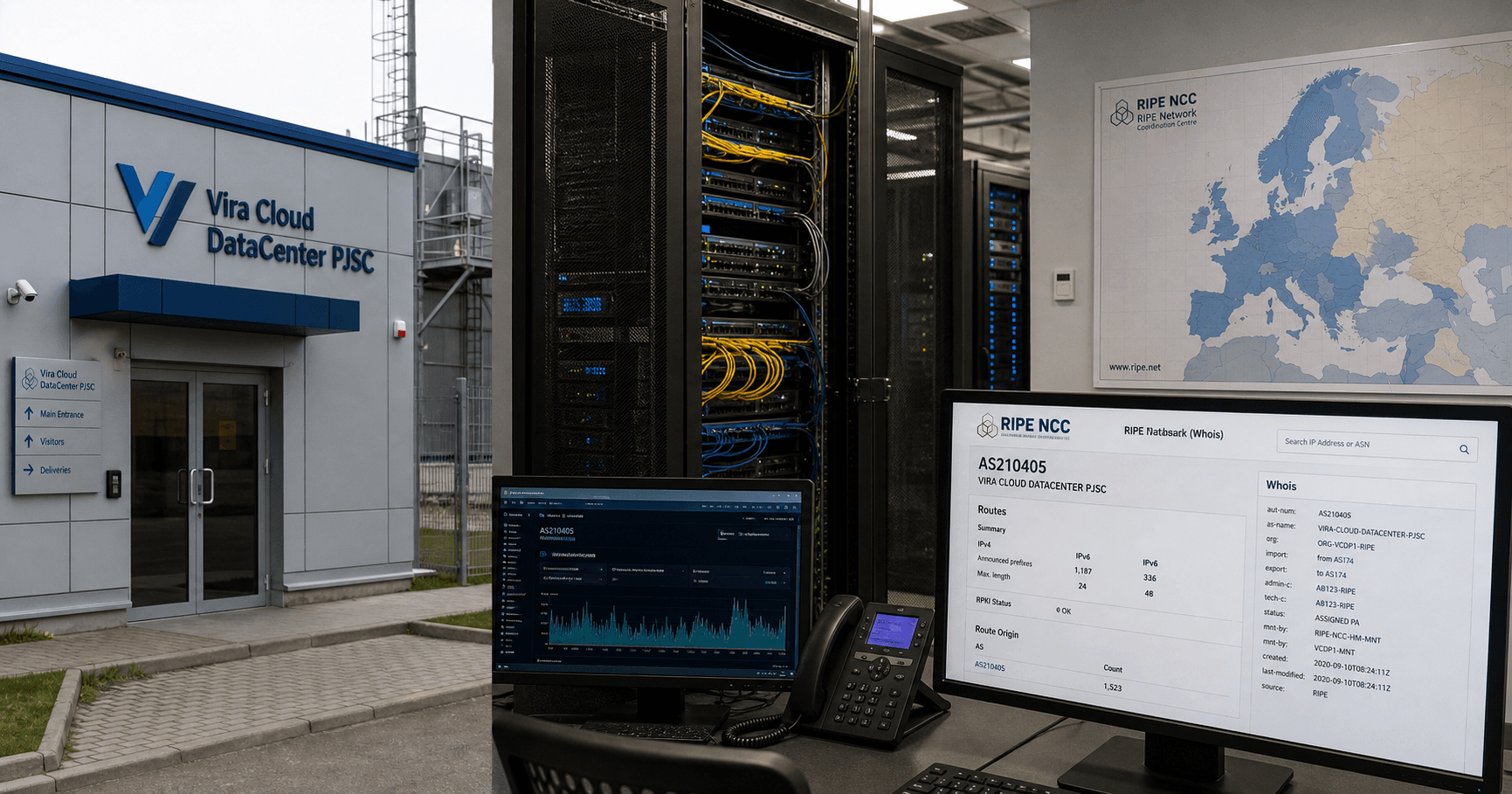AI-generated editorial image for Vira Cloud DataCenter PJSC showing the public operating context described by verified sources: The subject's only publicly verifiable role is that of a registry-record holder for AS210405 within the RIPE service region.