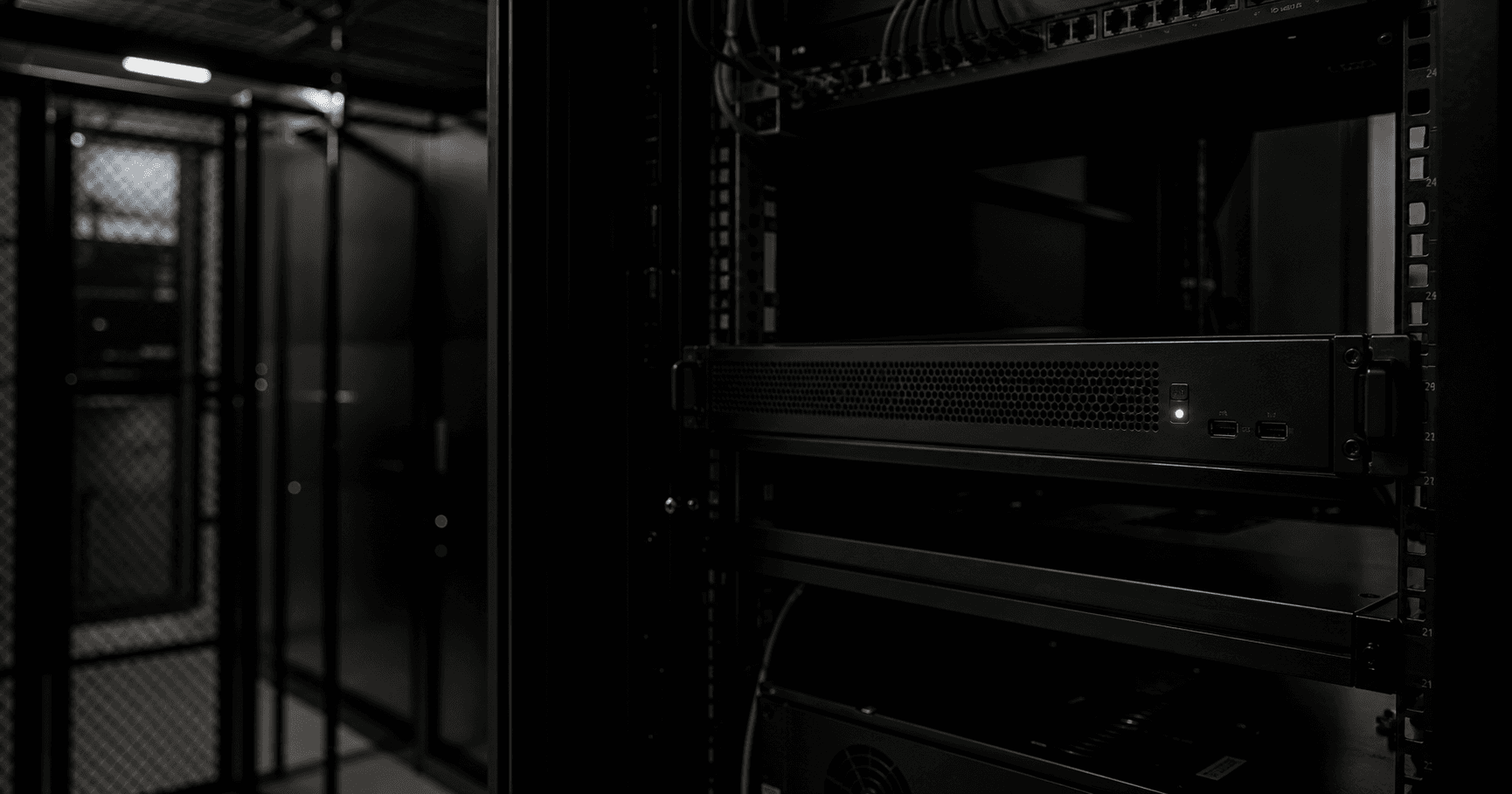 A dimly lit server room with a single rack-mounted appliance, its amber status light glowing, representing a network presence that is registered but dormant, waiting for activation.