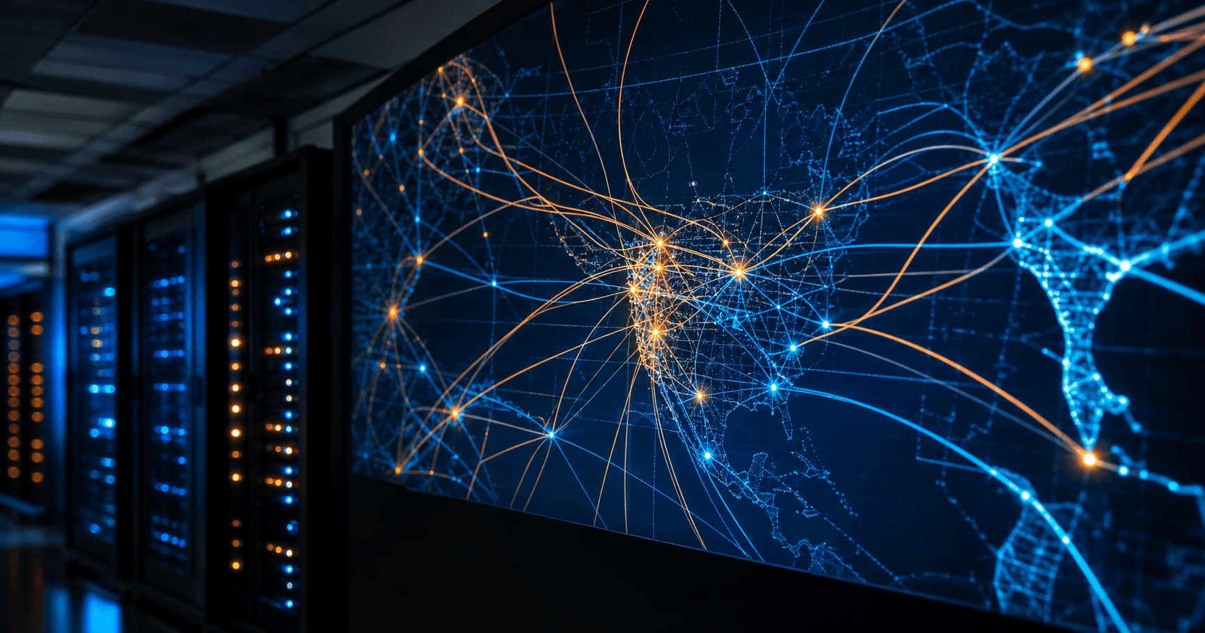 Abstract network map with nodes and connections on a dark background, representing an internet infrastructure operator.