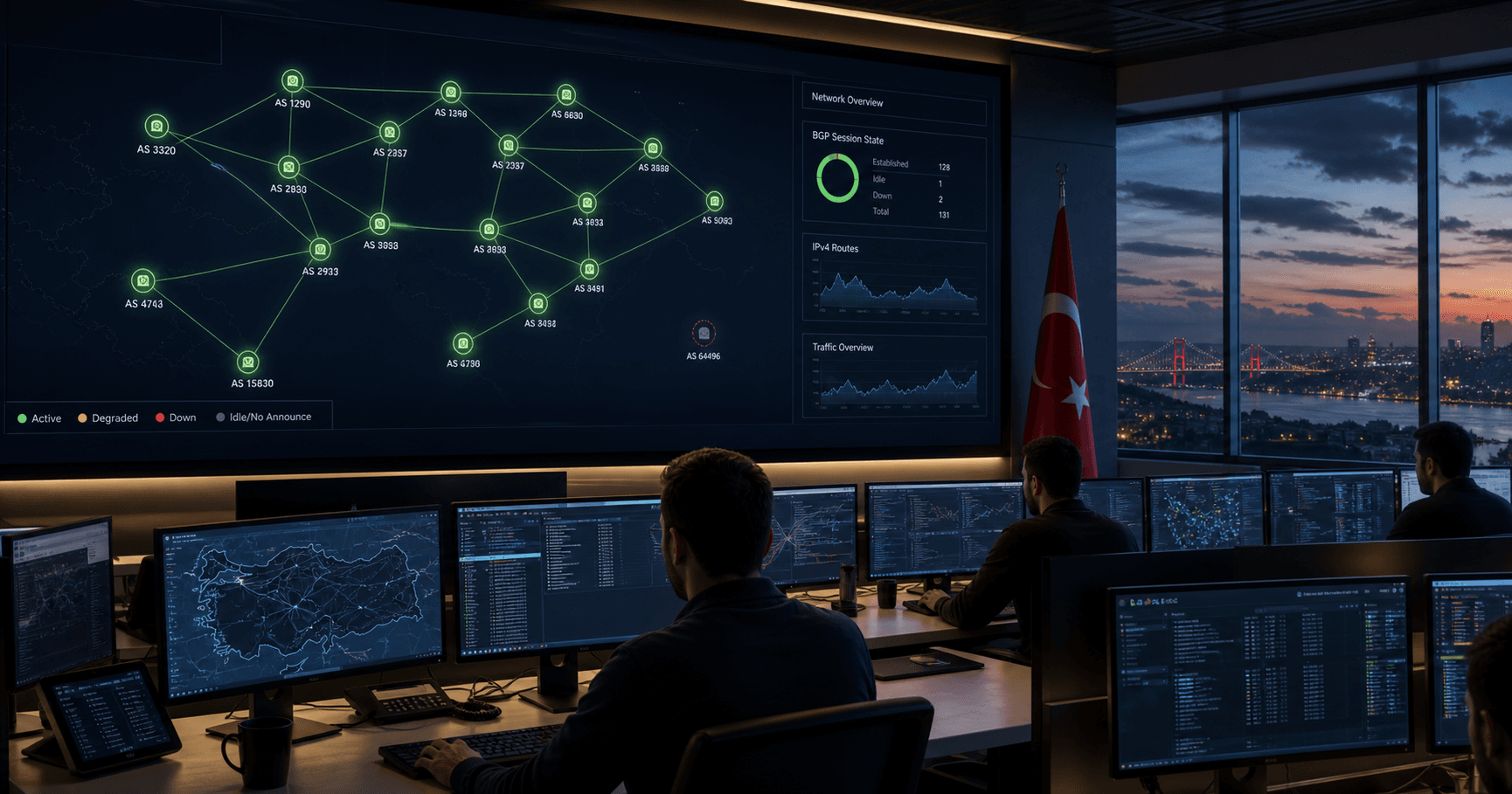A conceptual digital artwork showing a dimly lit network operations center with a world map displaying BGP paths; one node labeled AS210816 is gray and disconnected, while other lines are faint and translucent.