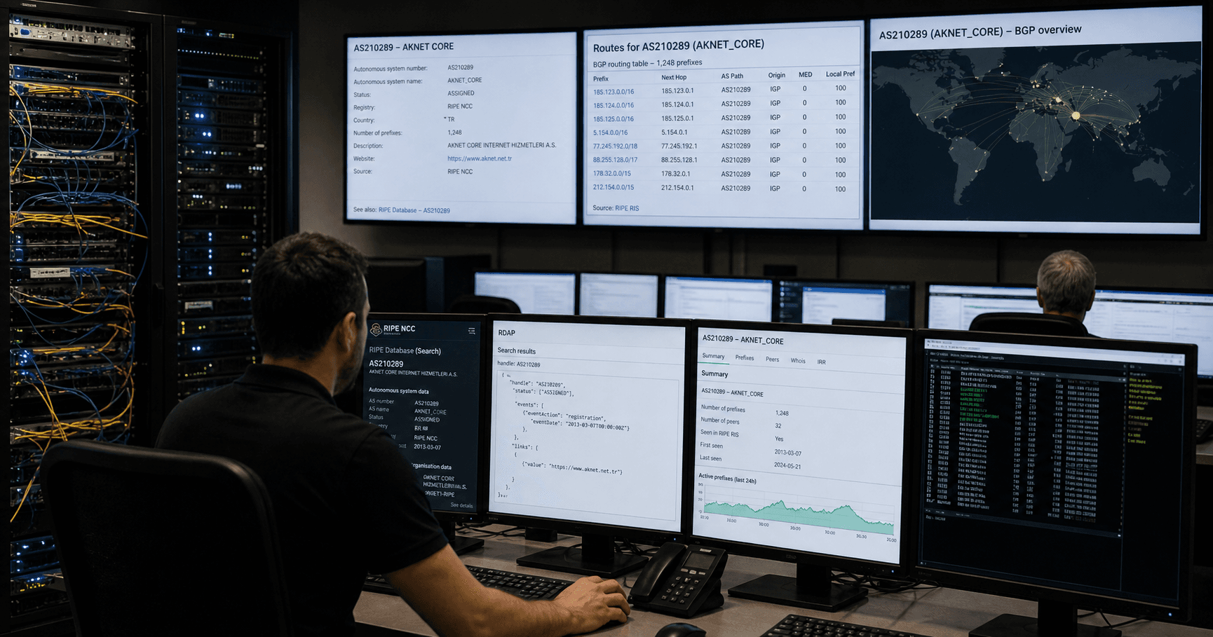 AI-generated editorial image for AKNET_CORE showing the public operating context described by verified sources: AKNET_CORE appears in internet number registry and BGP data sources as the holder or label for AS210289.