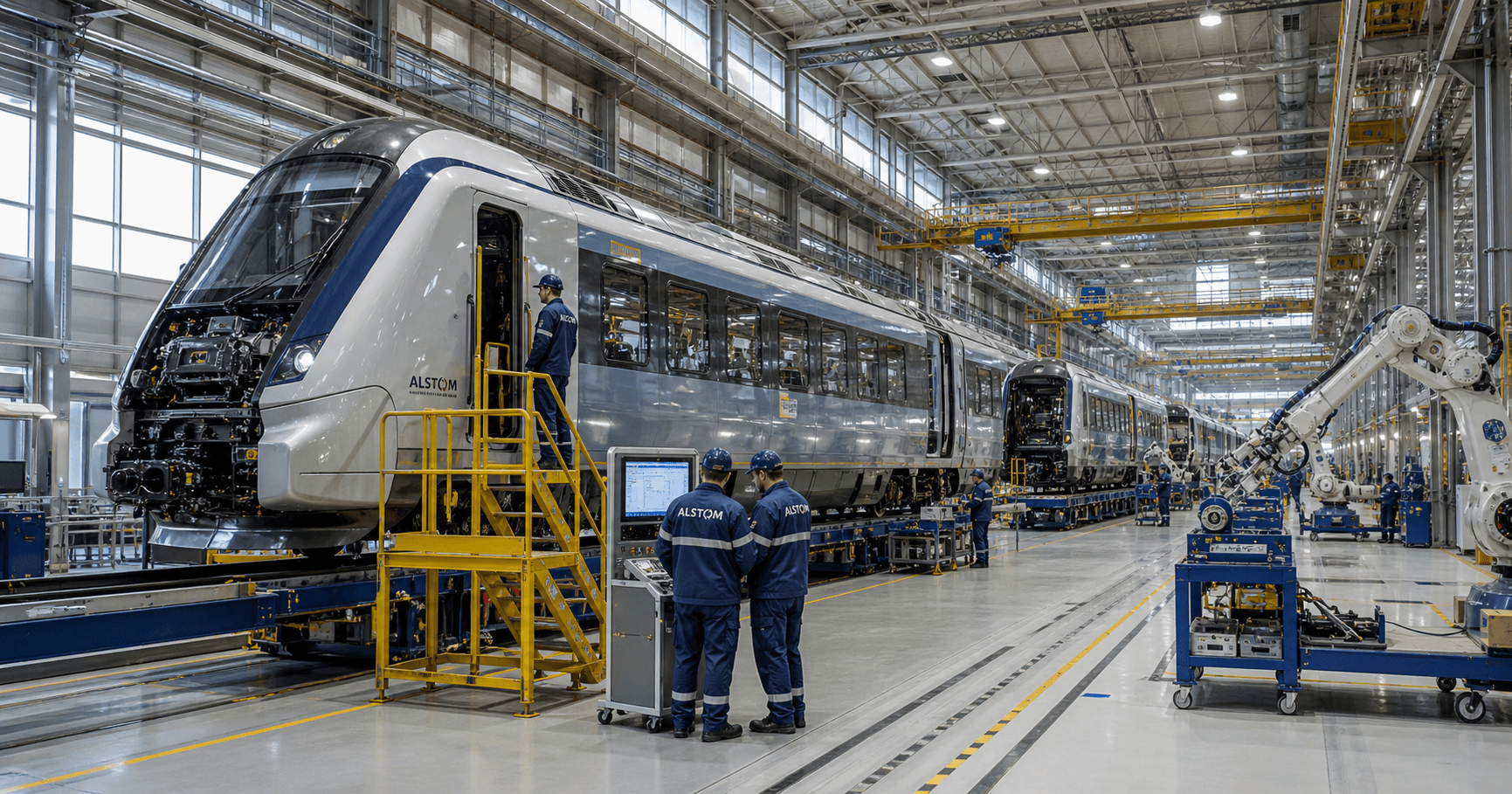 Alstom Transport SA rail manufacturing facility with modern train assembly line.