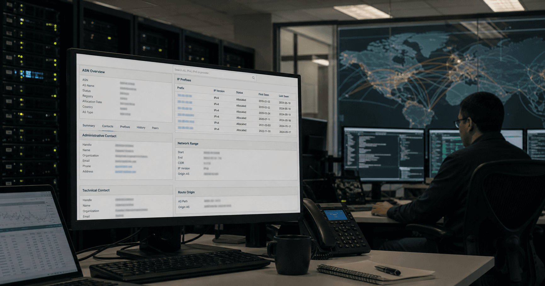 Composite image of a network operations setting with registry database screens and abstract routing lines, featuring a neutral professional silhouette.