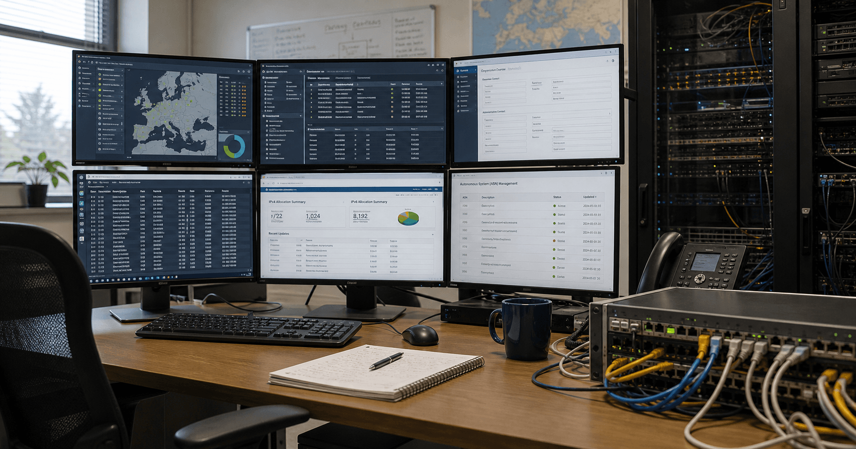Conceptual illustration of a network registry record interface showing AS210379 contact fields on a monitor in a network operations center.