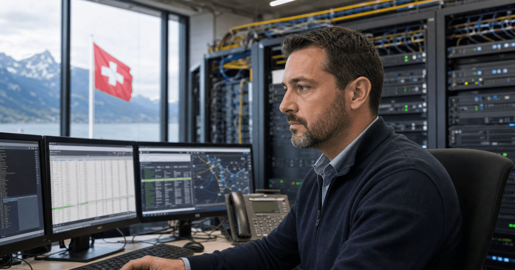 Editorial composite showing a network professional in a data center, observing RIPE registry data and routing tables, with Swiss and European network motifs.