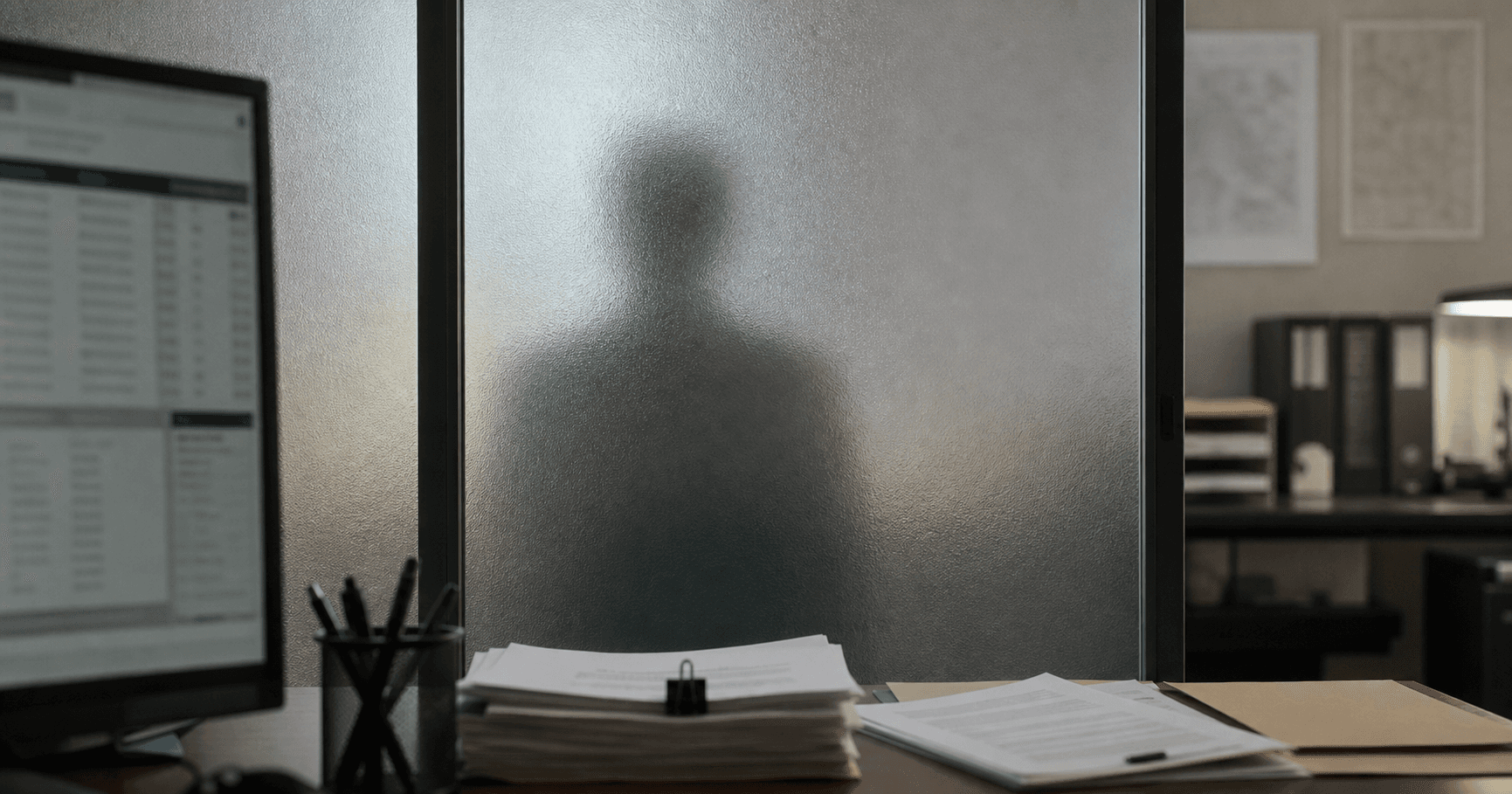 A conceptual illustration showing an obscured figure behind frosted glass, with a registry document reading 'Rohmad Kurniadin' and 'AS210842' in focus.