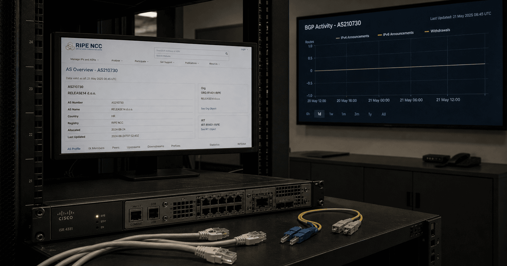 A dimly lit room with an unconnected router and a monitor showing the RIPE database entry for AS210730, surrounded by an empty BGP topology graph, suggesting dormancy.