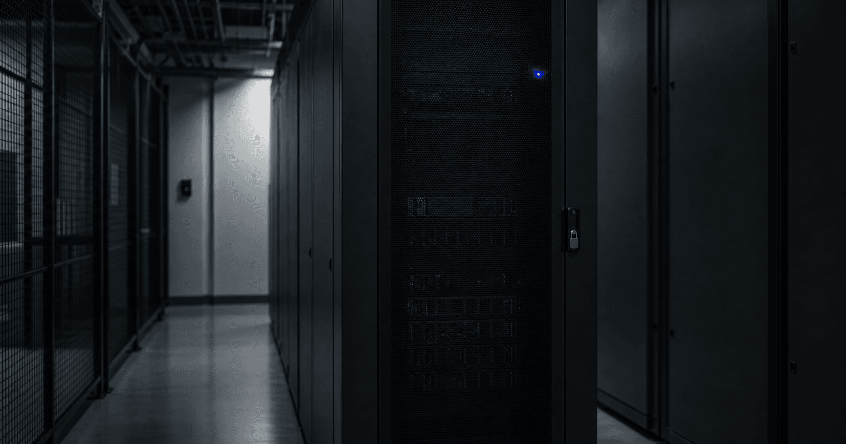 Dormant server rack symbolizing the latent networking potential of AS210558, with a faint ASN projection on the wall.