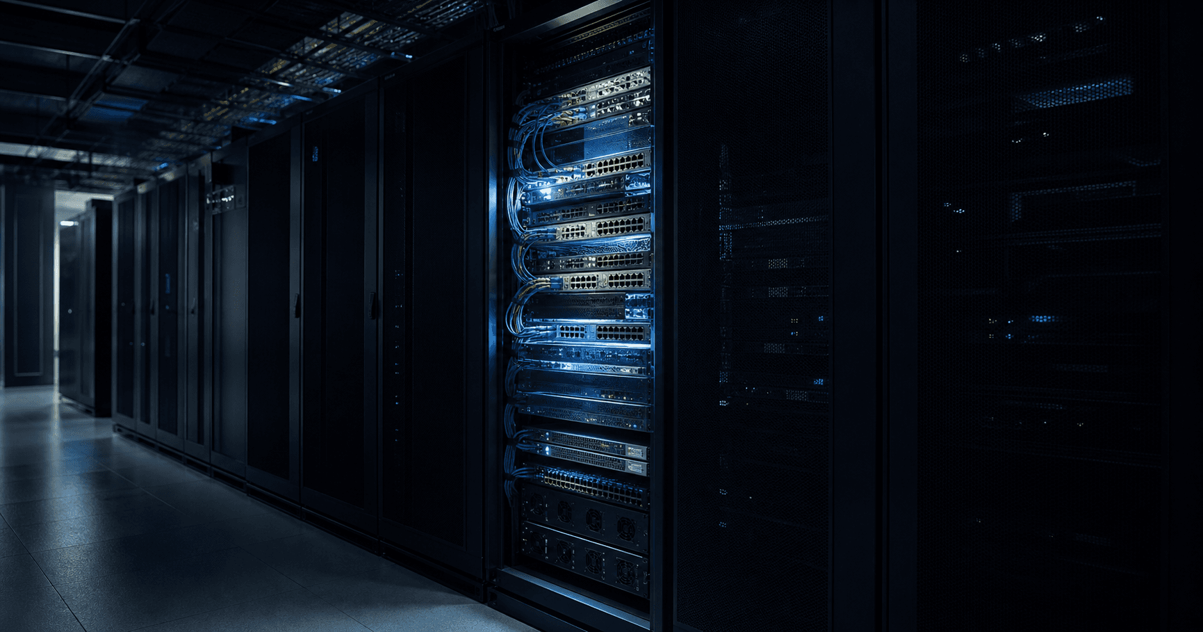 A dimly lit server room with a single rack of networking equipment, symbolizing the unseen administrative presence of a registry-listed organization.