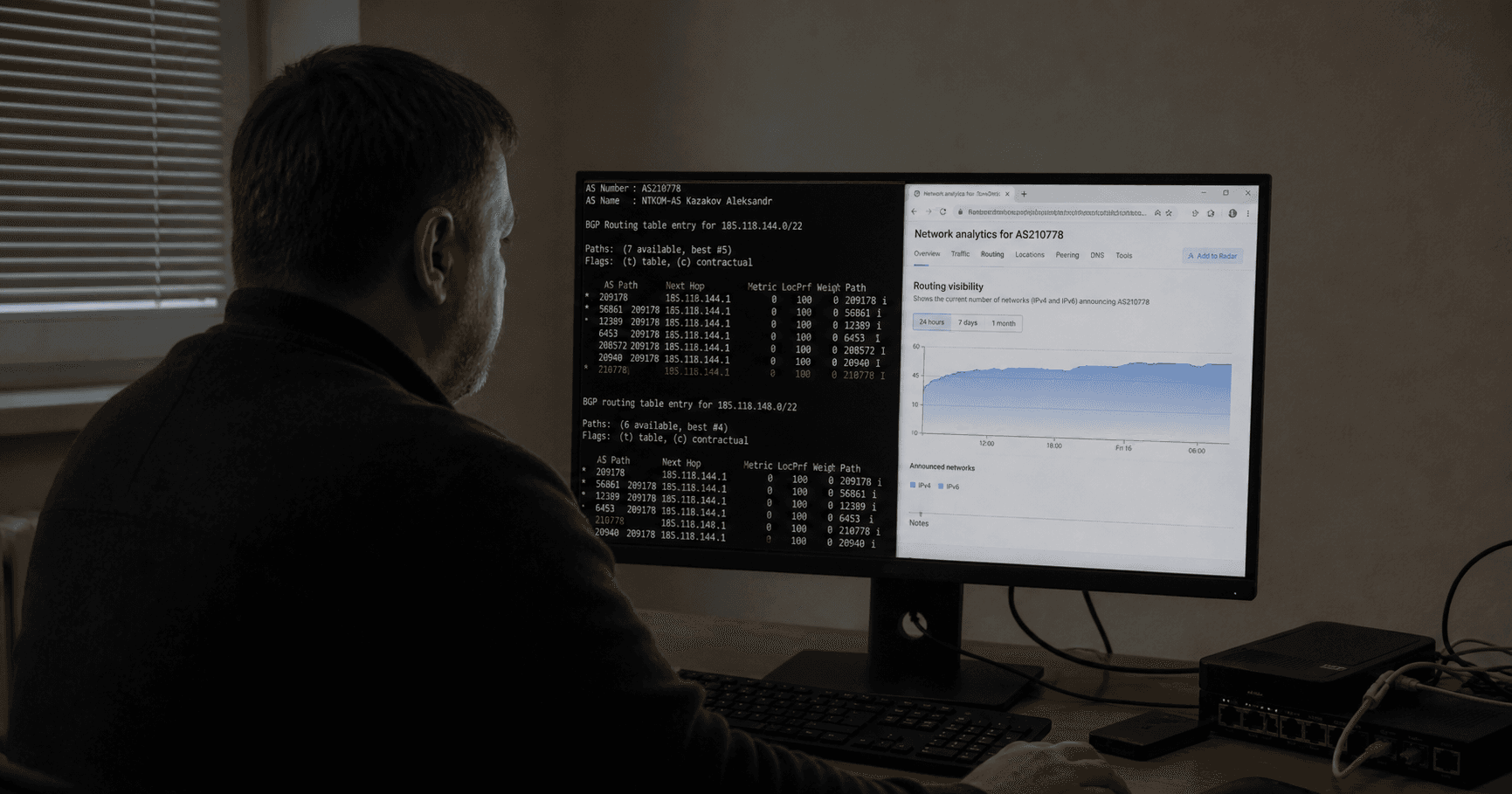 AI-generated editorial image for Kazakov Aleksandr showing the public operating context described by verified sources: Kazakov Aleksandr appears in RIPE registry records as the administrative and technical contact for autonomous system AS210778.