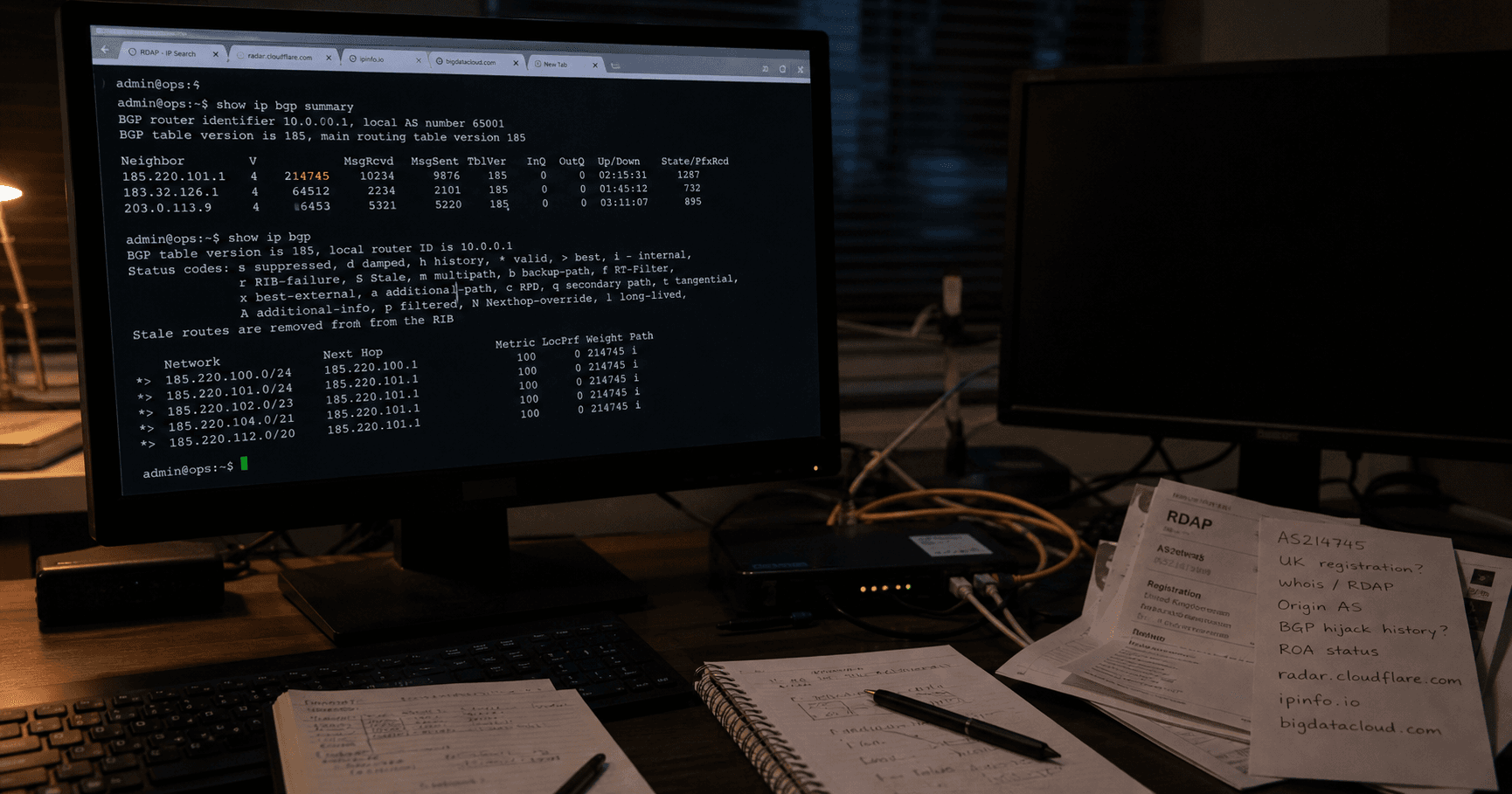A dimly lit home office with a BGP terminal showing AS214745 and prefix 2a10:ab80:3e5::/48, reflecting the UK urban skyline outside a rain-streaked window.