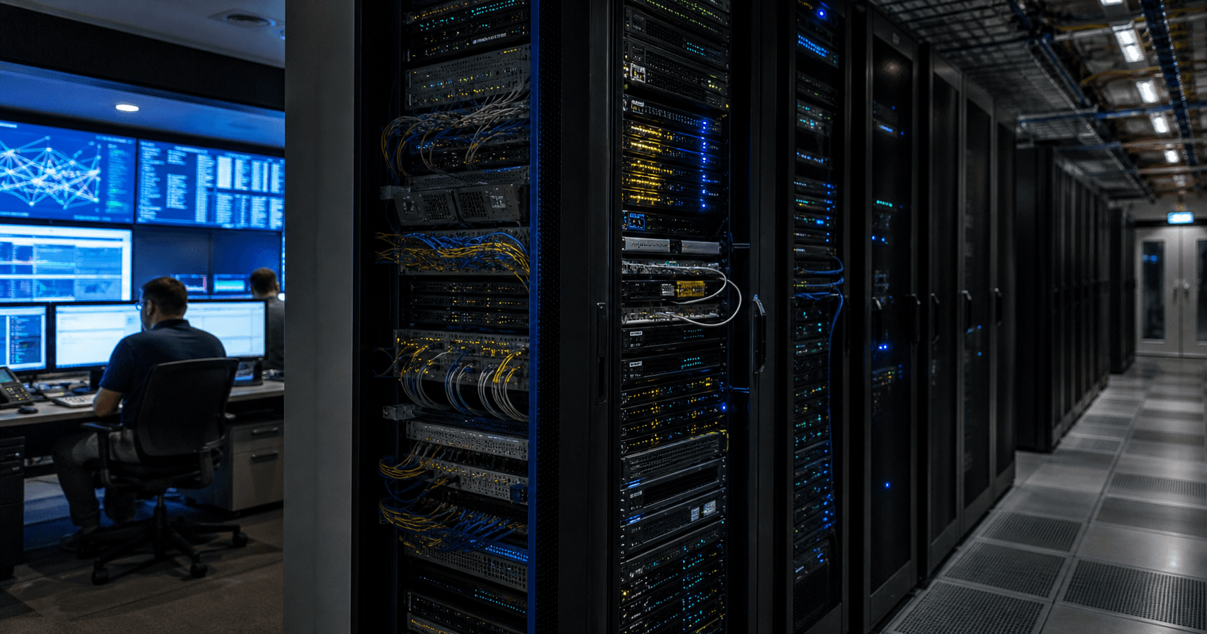A dimly lit server room with a glowing RIPE Database console displaying the NML_OPER maintainer handle.