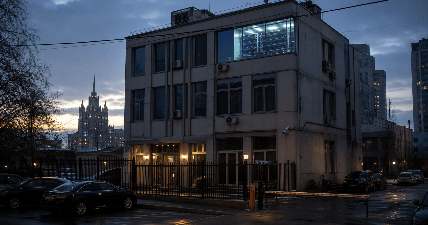 Dormant server room in a Moscow office building at twilight, with glowing server racks.