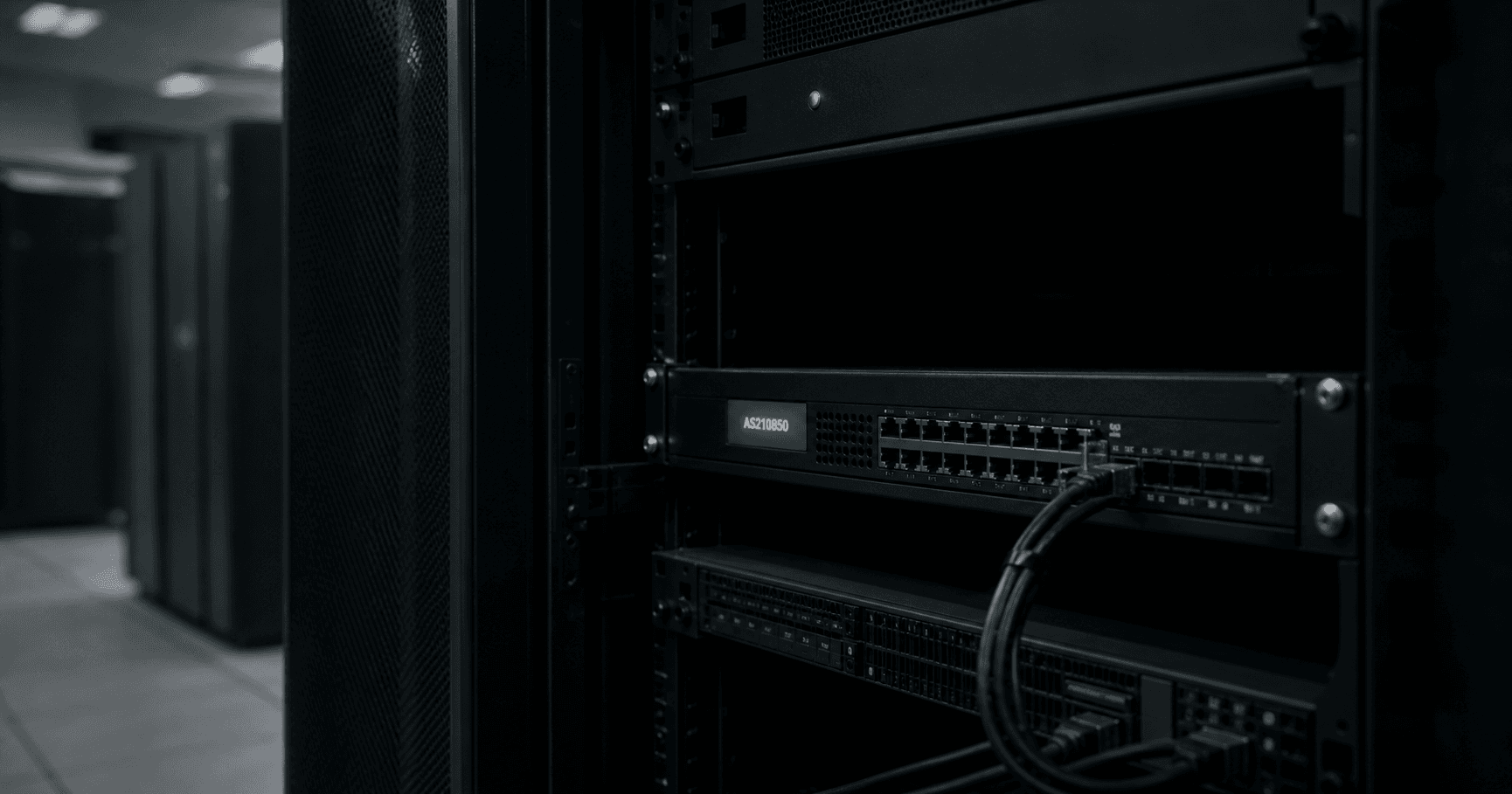 A dimly lit server room scene with a single rack holding a switch displaying a faintly illuminated 'AS210850' label, a magnifying glass on a printed RDAP log on a nearby desk.
