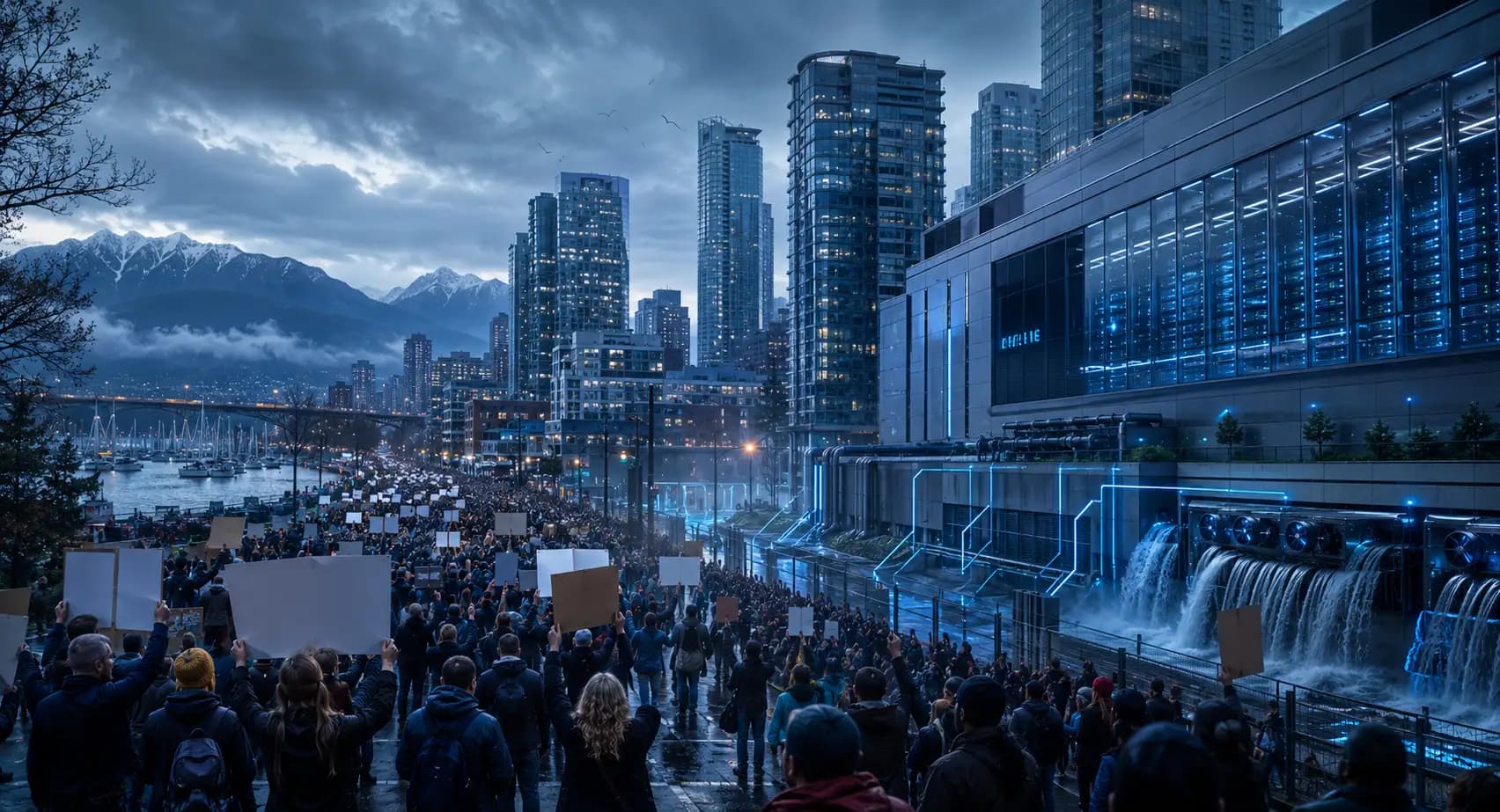 Des centaines de personnes manifestent contre les centres de données IA de Telus à Vancouver