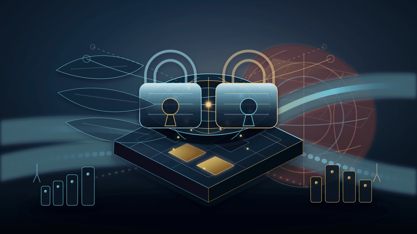 Abstract editorial illustration of RIPE NCC sanctions and compliance pressure, with a neutral registry ledger vault under red geopolitical pressure fields, compliance filter rings, scarce IPv4 blocks, continuity arcs, transfer channels, operator dependency nodes, and gatekeeper-risk locks.