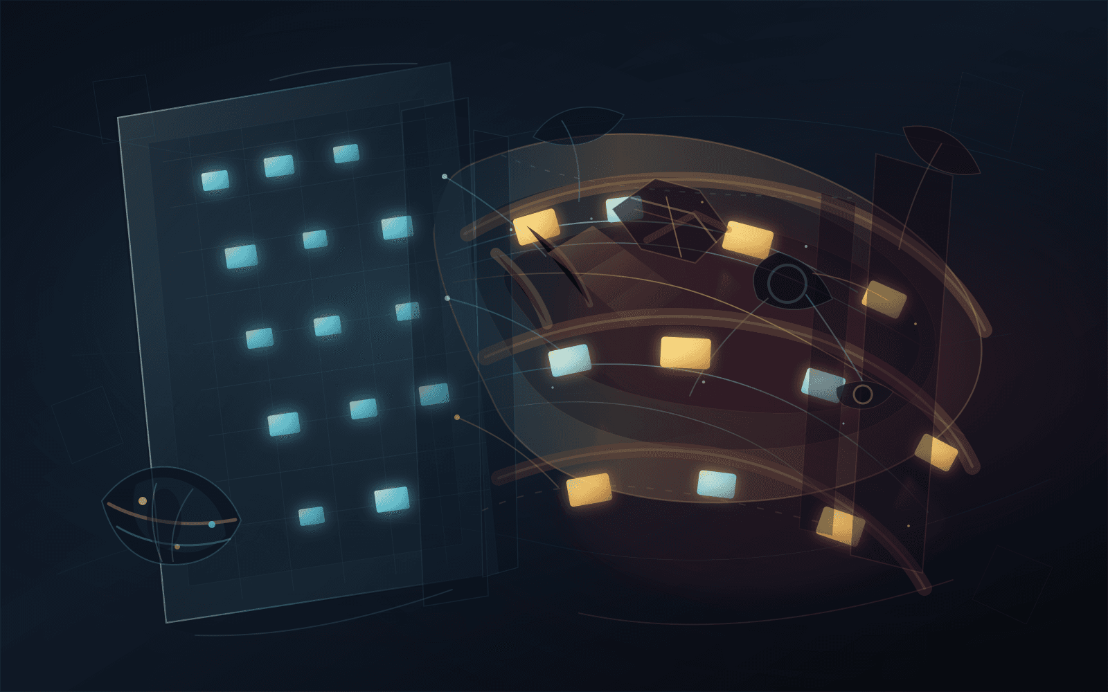 Abstract editorial illustration of scarce IPv4 address blocks moving through private leasing corridors beside a clear public registry ledger, with faint risk shadows and continuity threads.