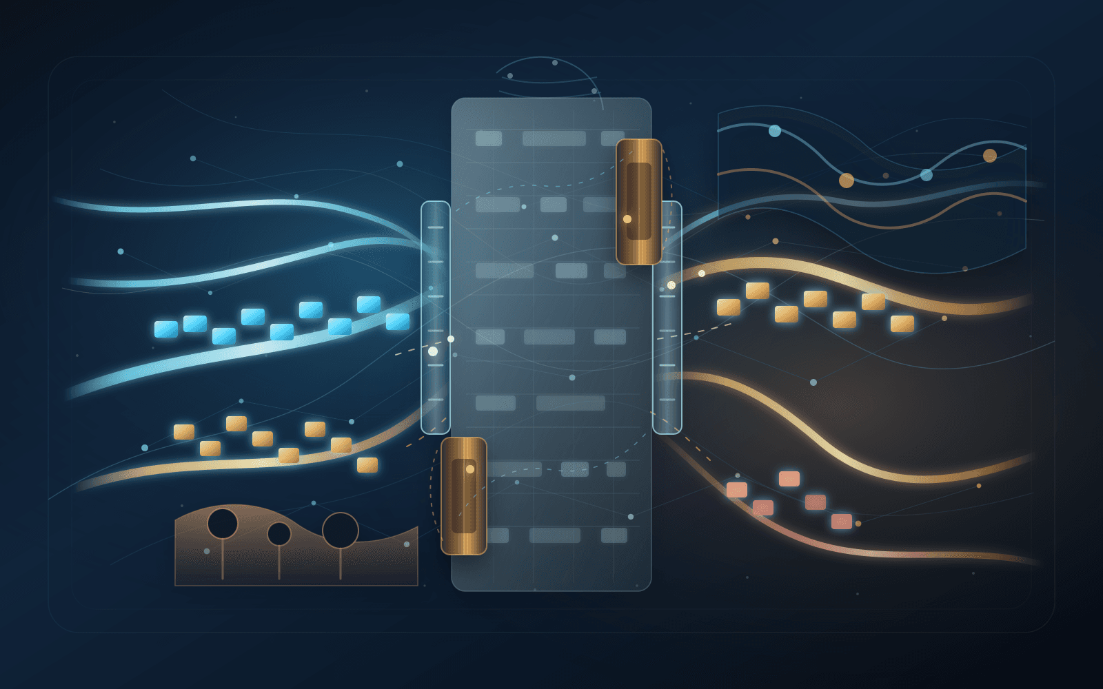 Abstract institutional illustration of luminous address-value blocks and capital streams passing through transparent and restrictive registry gates across an Asia-Pacific network field.