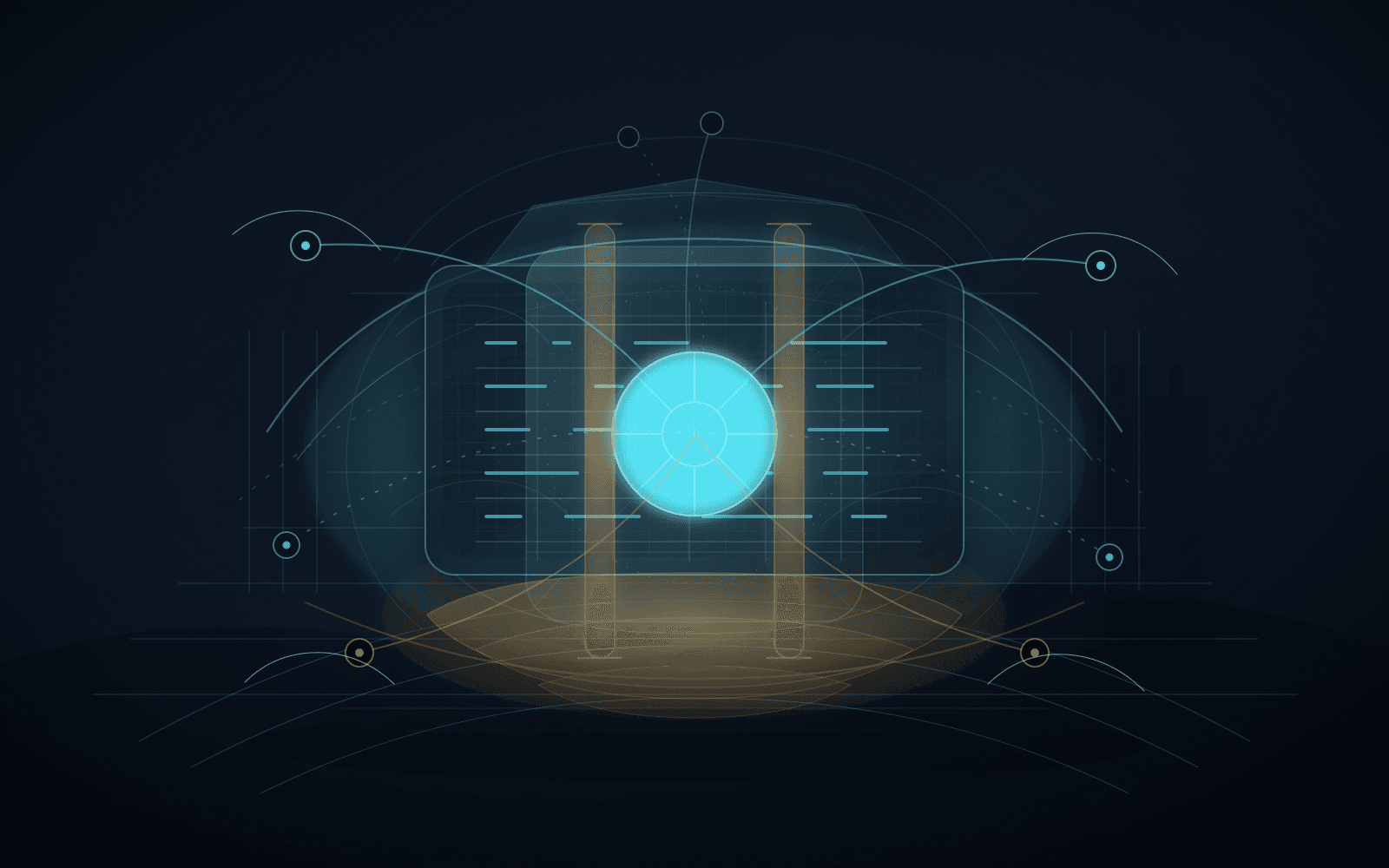 Abstract dark institutional illustration of a protected regional registry ledger core constrained by transparent court structures, pause rails, reserve buffers, dependency arcs, and member network nodes.