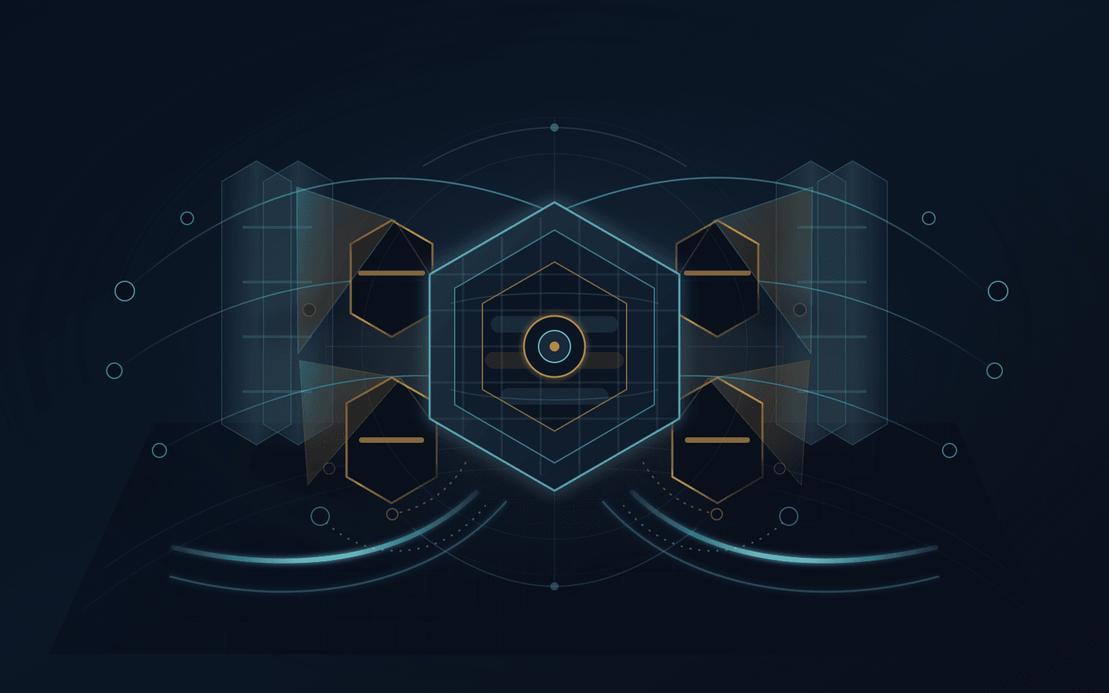 Abstract dark editorial illustration of a central registry ledger and service core surrounded by narrow compliance filters, payment and account-standing gates, risk-screening prisms, cross-border network nodes, false-positive shadows, appeal channels, audit loops, and cyan service-continuity rails.