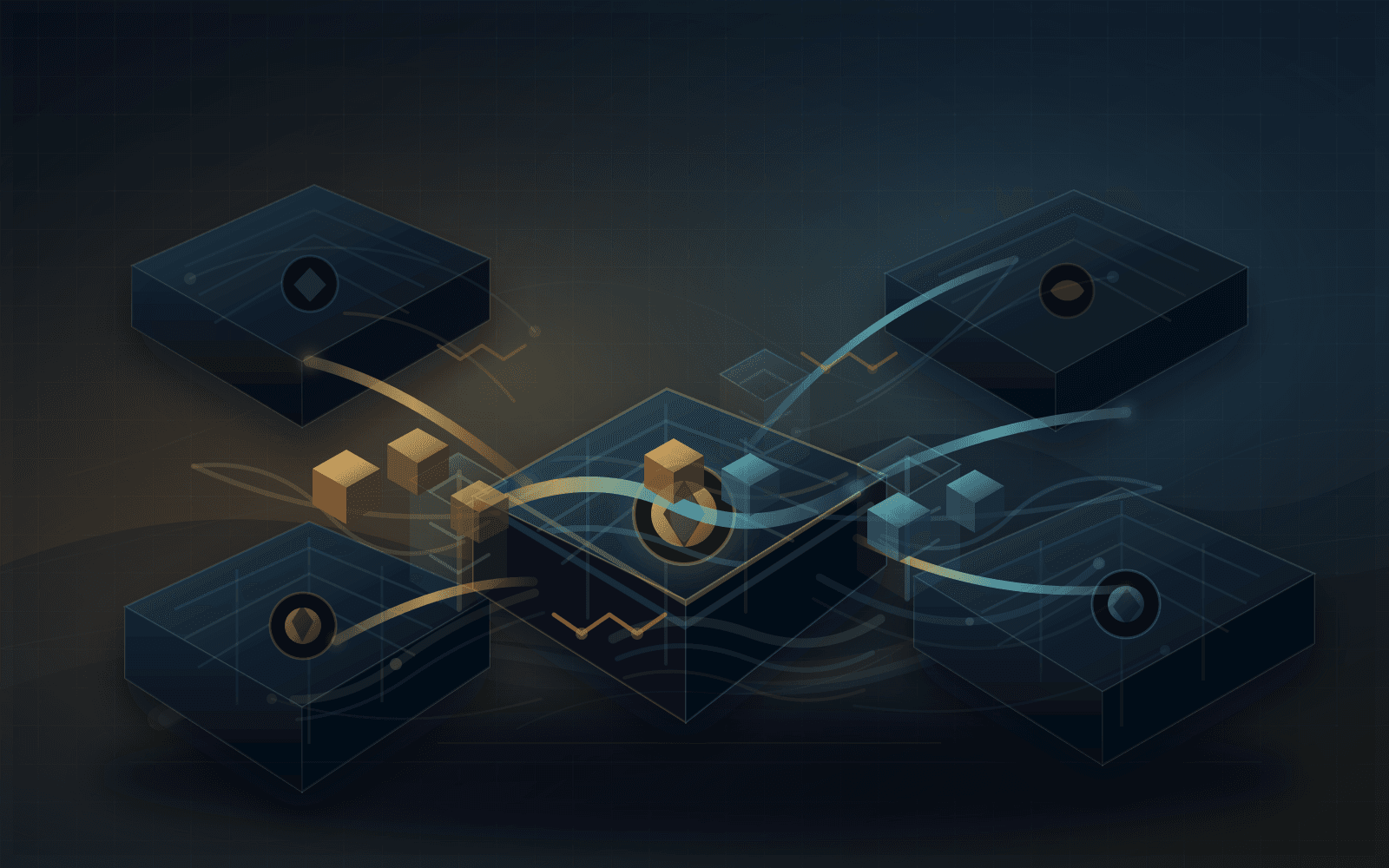 Abstract editorial illustration of inter-RIR transfer politics as settlement between regional registry ledgers, with the APNIC-region chamber highlighted, scarce IPv4 blocks crossing compatibility bridges, translucent reciprocity gates, neutral rails, mediation corridors, finality seals, liquidity pressure, and rule-mismatch friction.