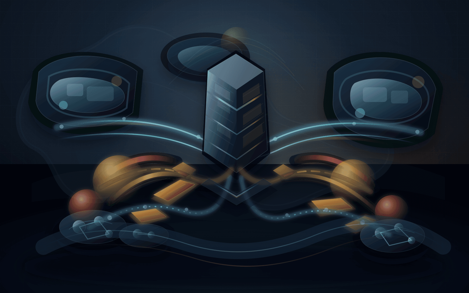 Dark premium editorial vector illustration of a central registry service ledger sending the same process arcs toward resilient large network blocks and fragile small island operator nodes, with amber fixed-cost burdens, bypass corridors, cyan continuity rails, and pressure spheres showing unequal economic shock.