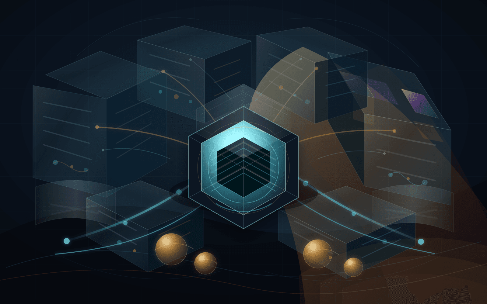 Dark institutional editorial illustration of a central registry ledger core surrounded by transparent audit panes, decision trails, continuity rails, privacy screens, reserve spheres, conflict prisms, and amber risk gradients.