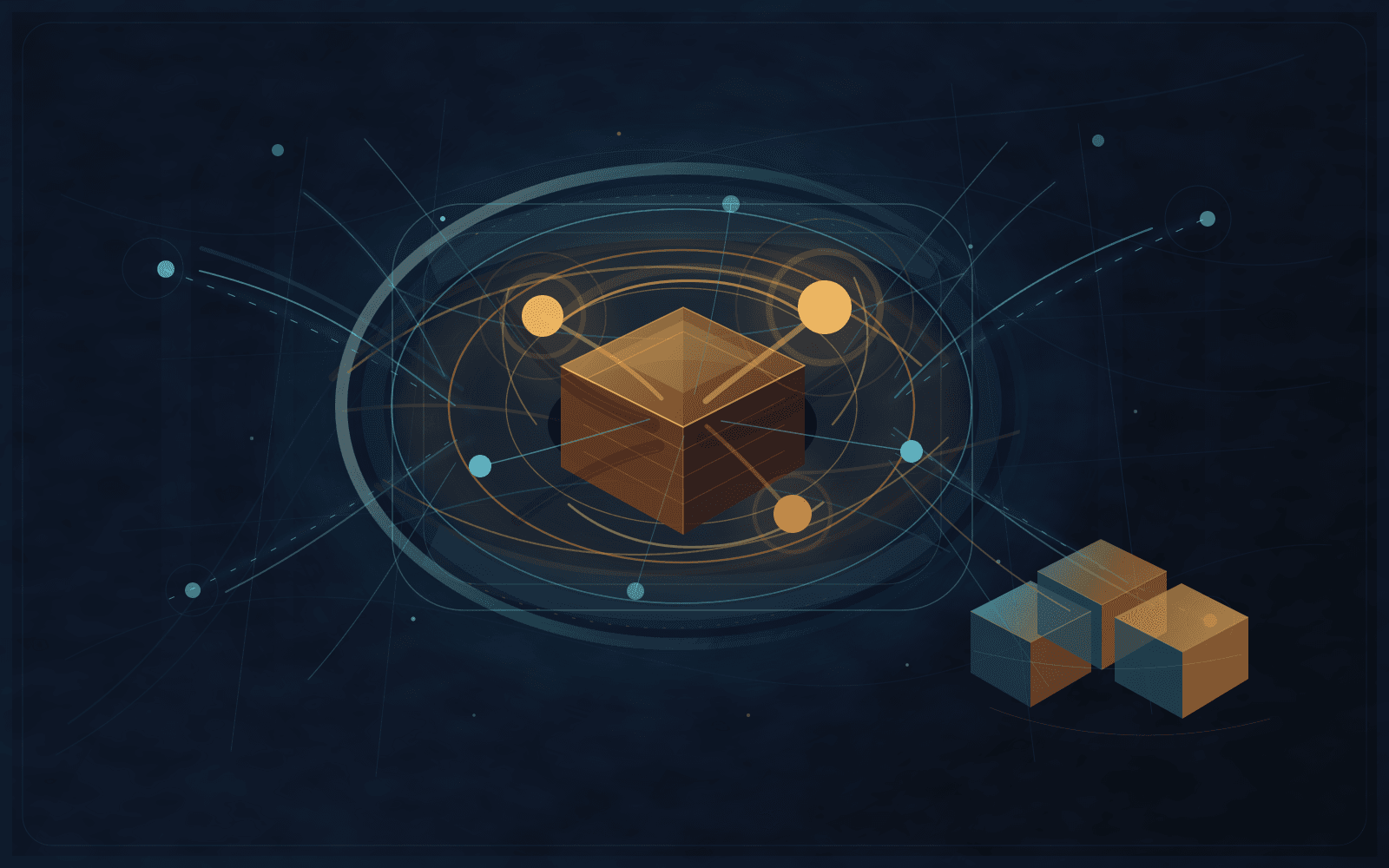 Abstract dark institutional policy scene with a central registry ledger inside circular consensus rings, stronger repeat-player nodes exerting amber procedural gravity, thinner remote cyan signals, dissent shadows, mediation corridors, and scarcity blocks shifting value as agreement forms.